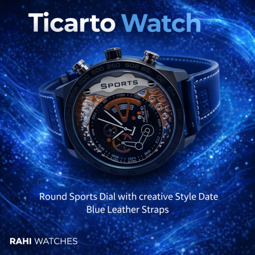 Ticarto Sports Watch Dial with Date Display Blue Leather Strap